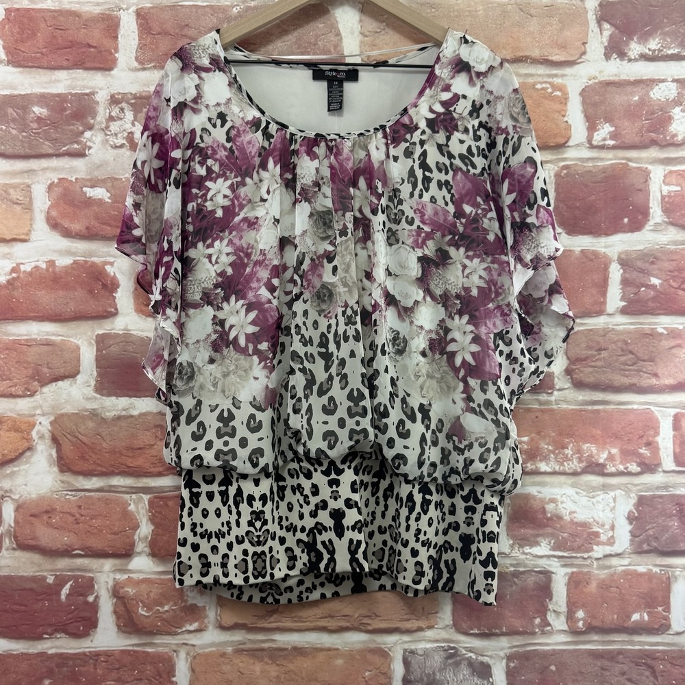 Style & Co Top Womens 1X Multicolor Garden Floral Animal Print Mixed Media Shirt